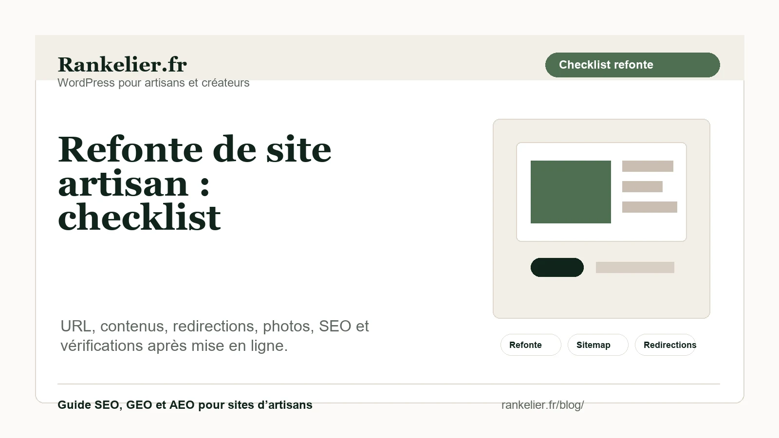 Visuel éditorial Rankelier sur la checklist de refonte d’un site artisan